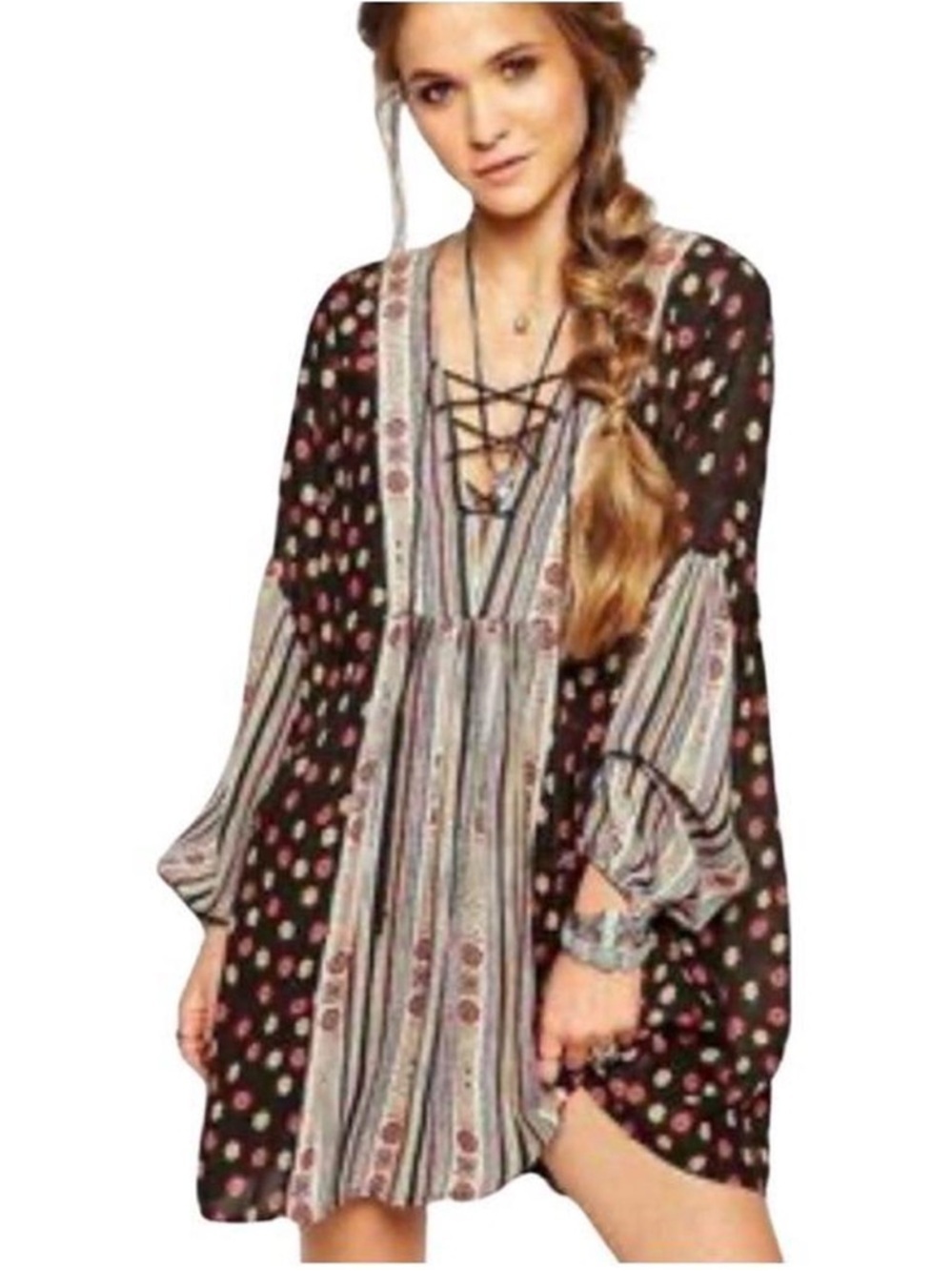 Free People Black Floral & Stripe Lace-Up Long Sleeve Mini Dress